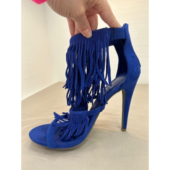 Shi by Journeys Womens KOKO Open Toe Fringe Sandal Heel Blue Size 8.5 M - Picture 3 of 11